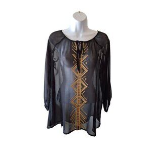 Greater Good Sheer Tunic Top Womens Medium Black Gold Embroidery
